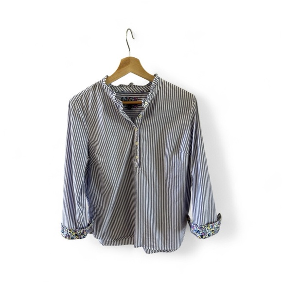 Talbots Cotton Striped Button-Up Shirt with Floral Accents Nautical Vacation LP - Picture 2 of 9